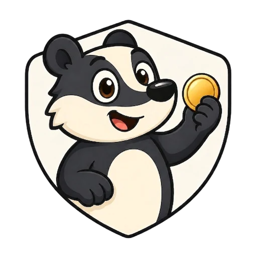 Friendly badger holding a gold coin inside a shield