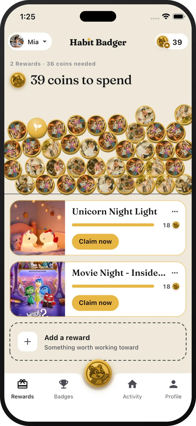 The Habit Badger rewards screen — a bank of earned gold coins above reward cards ready to claim